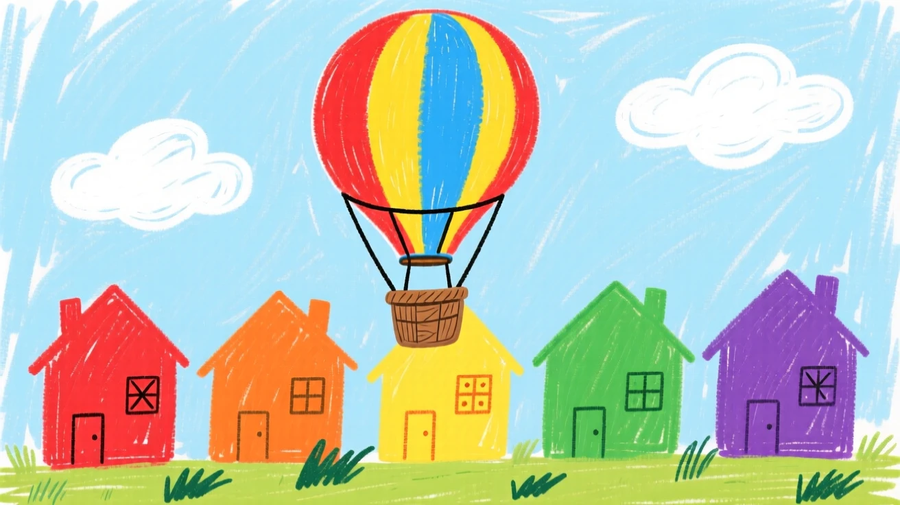 A hot air balloon drifting past a row of colorful houses.