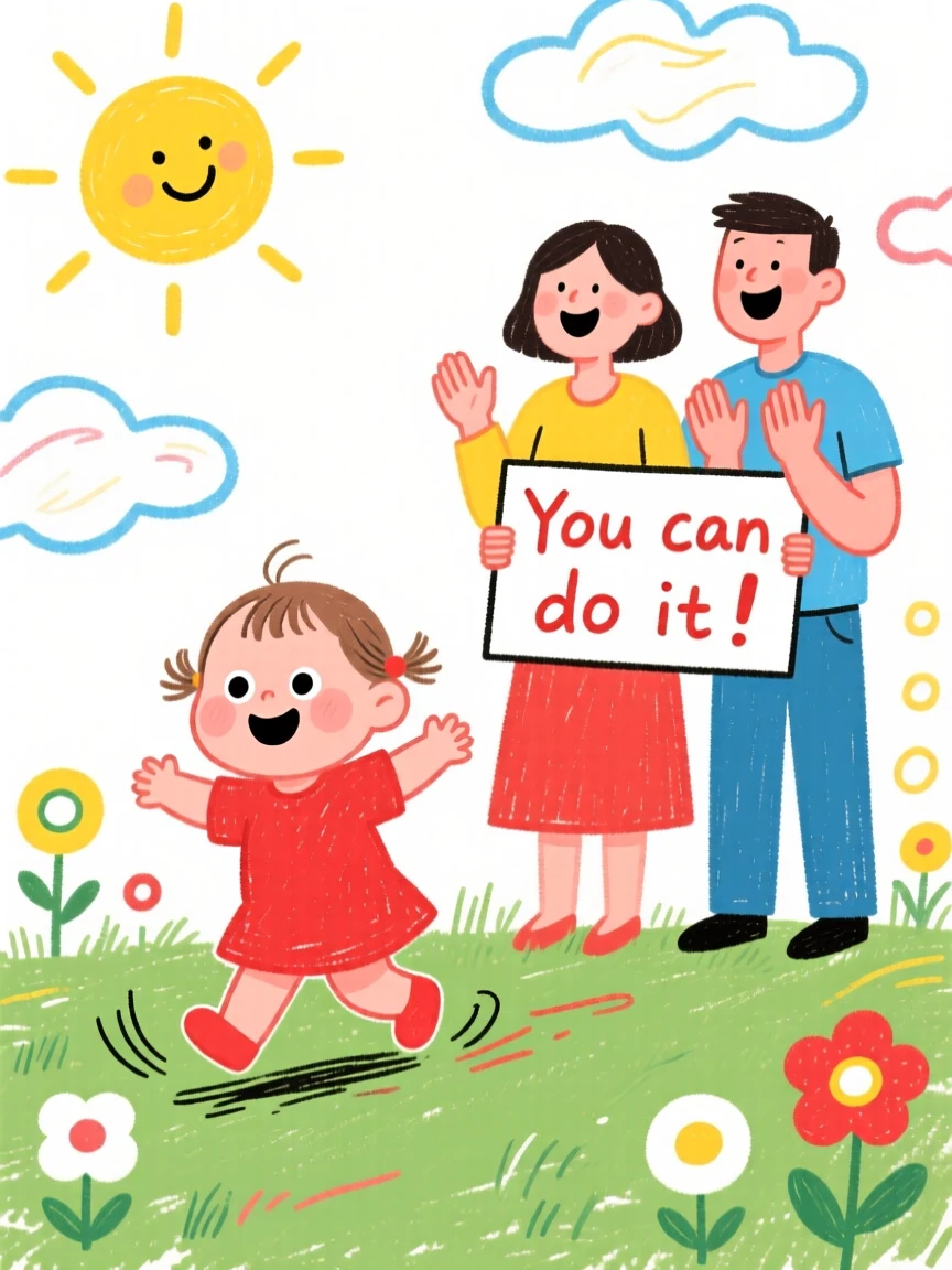 A toddler taking her first wobbly steps toward her cheering parents.