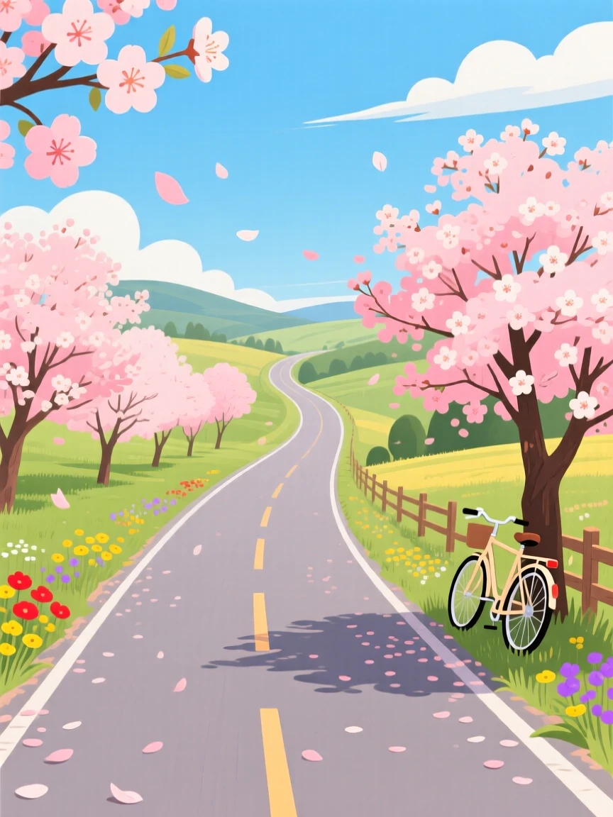 A scenic countryside road lined with blooming cherry trees, surrounded by a lively, colorful atmosphere, composed with a postcard-worthy balanced perspective, with a joyful, adventurous atmosphere.