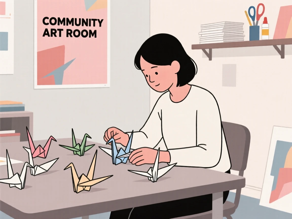 A person folding origami cranes in a community art room.