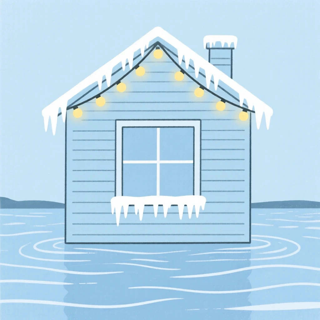 A lakeside cabin, transformed by early spring frost, with a string of holiday lights scattered throughout, captures nostalgic comfort.