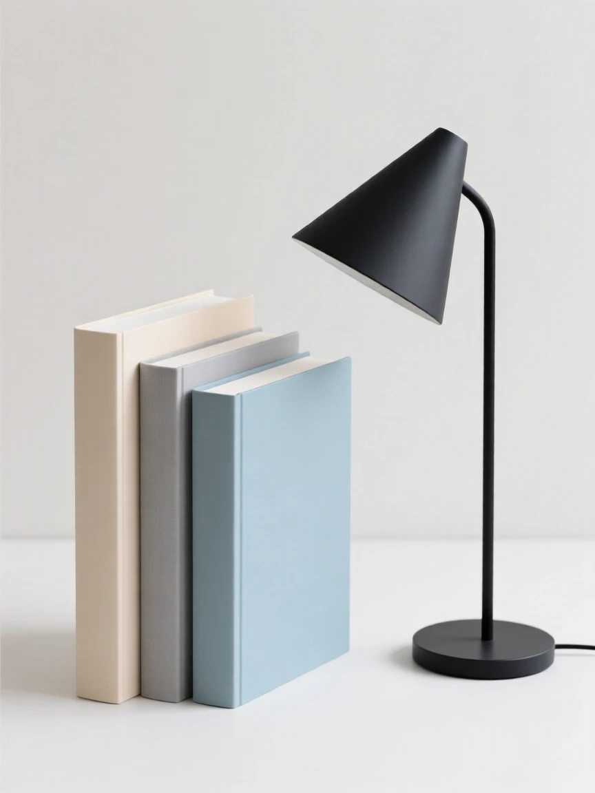 A stack of books beside a reading lamp