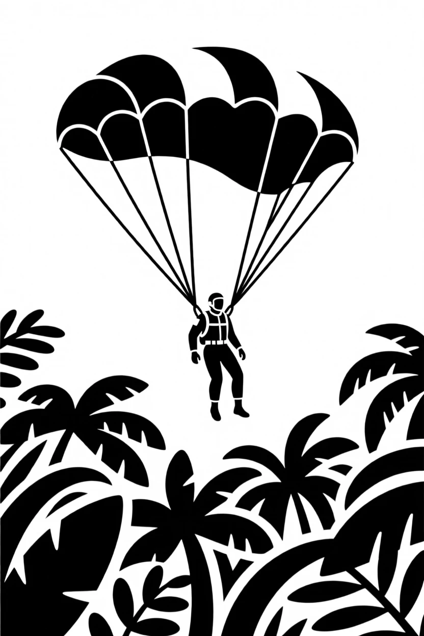 A paratrooper descending toward a dense jungle canopy.