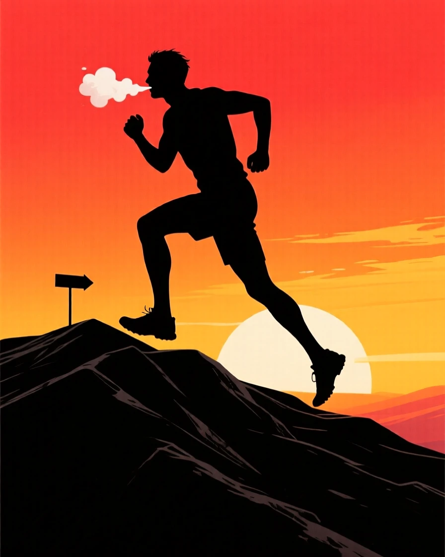A trail runner cresting a ridge line at sunrise, breath visible in the cold air.