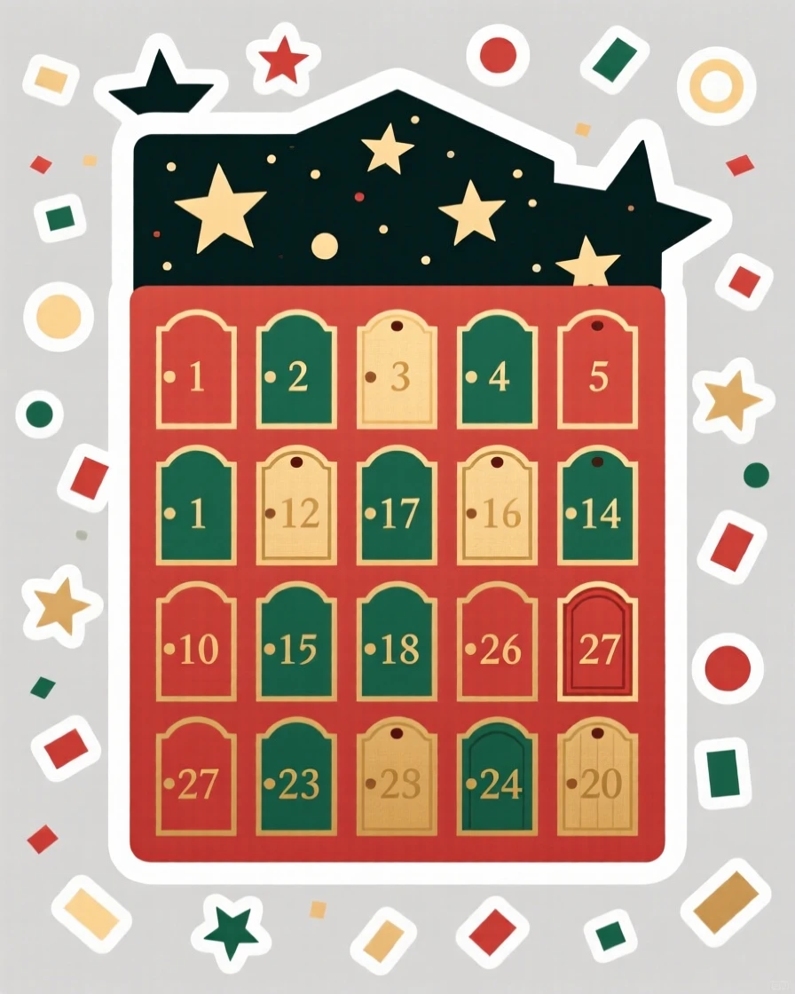 A warmly nostalgic advent calendar with tiny numbered doors, surrounded by falling confetti, under a sky full of stars on a special night.
