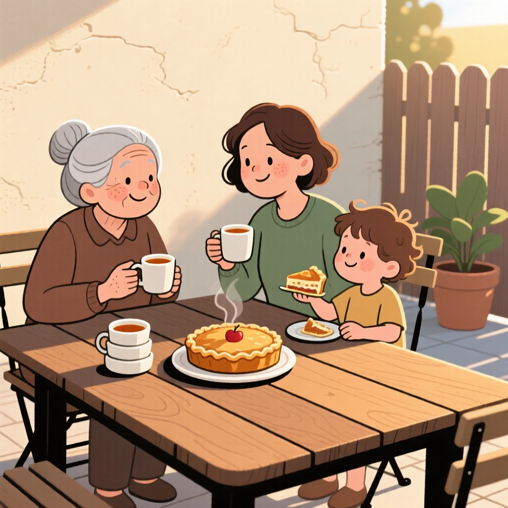Three generations of a family gather around a large wooden table in the backyard patio, sharing a warm apple pie and stories as the afternoon sun warms the room.