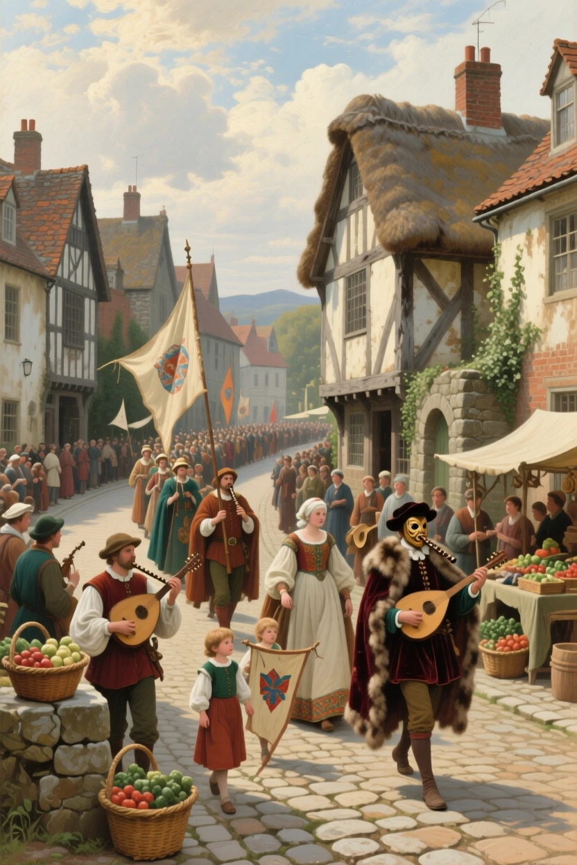 A grand panoramic scene of a costumed parade winding through a historic town square, in a small English village, in antiquity.