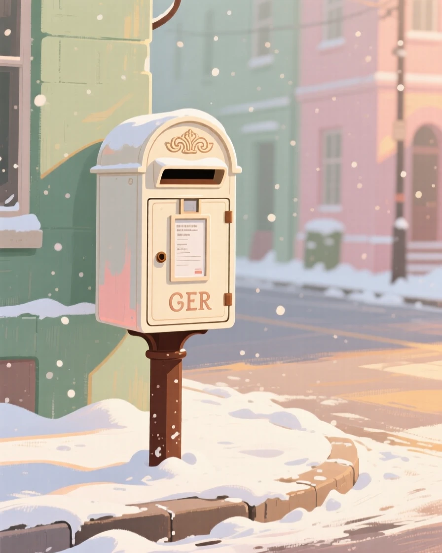 A vintage postbox on a quiet street corner dusted with snow
