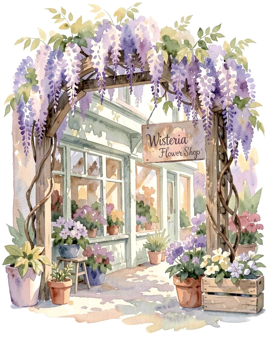 A climbing wisteria arbor in a charming flower shop.