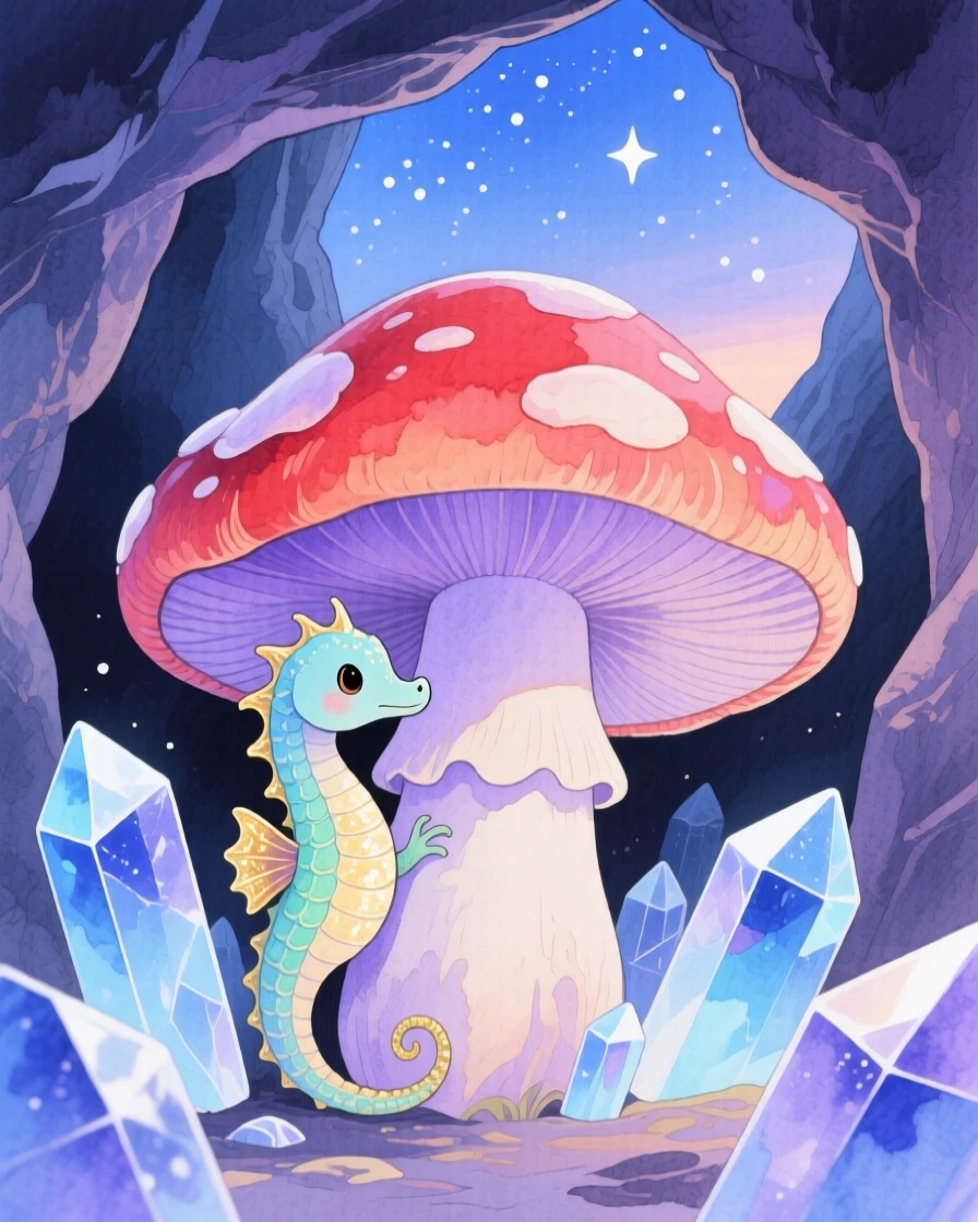 A tiny sea dragon peeks out from behind a giant mushroom in a crystal cave glowing softly, with stars beginning to appear overhead