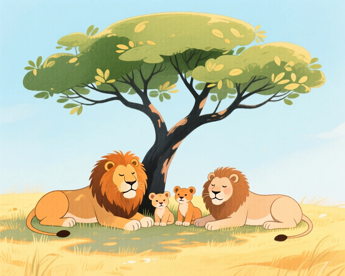 A pride of lions resting beneath an acacia tree, captured in a moment of quiet wonder.
