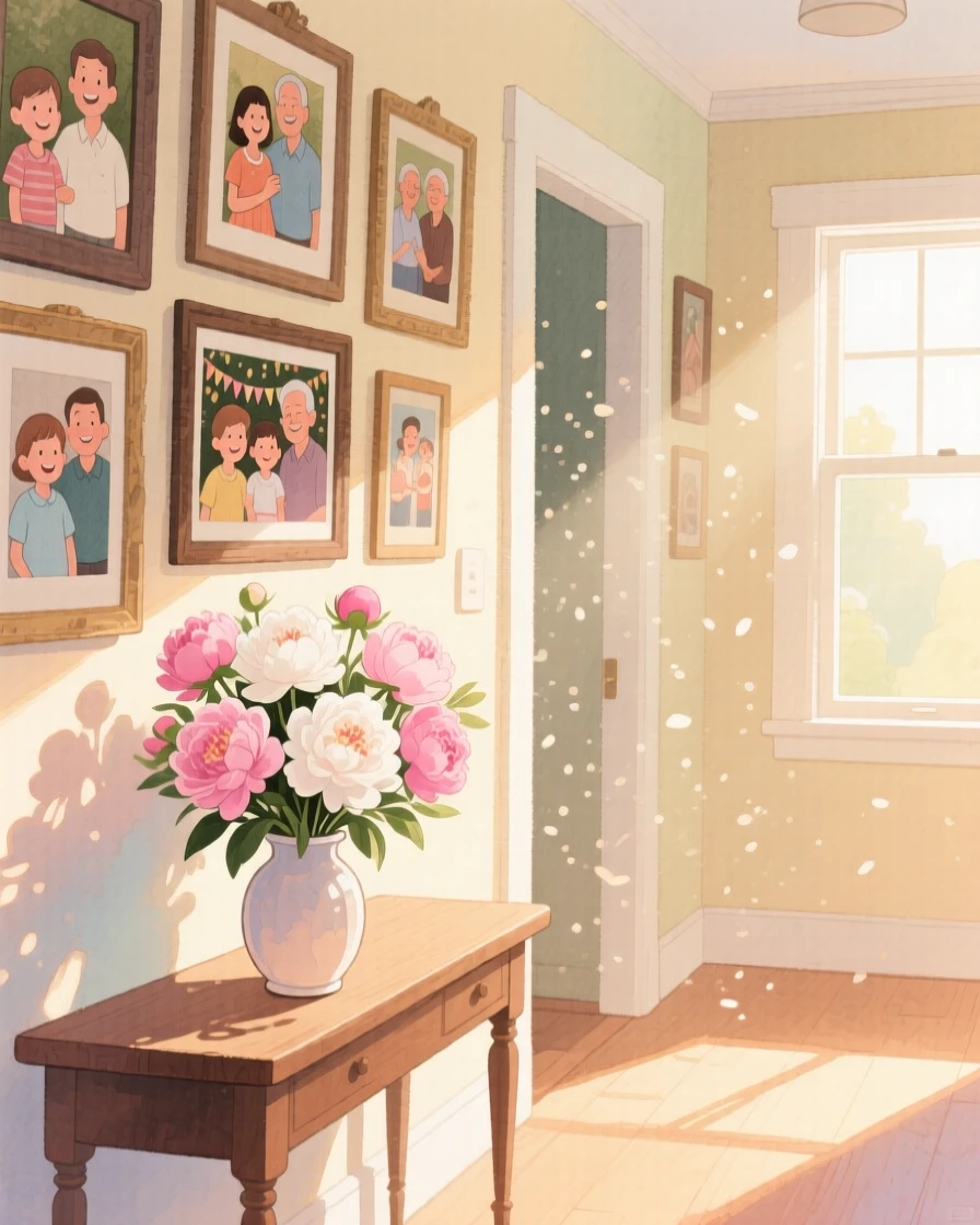 A hallway lined with family photographs and a vase of fresh peonies, with sunlight catching dust motes in the air, evoking a gentle, unhurried happiness.