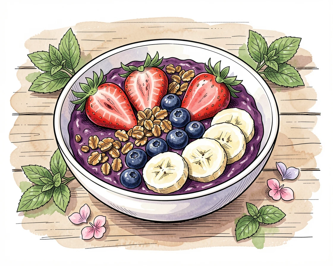 A colorful bowl of acai topped with fresh fruit and granola, fresh herbs and garnishes scattered artfully around the dish.