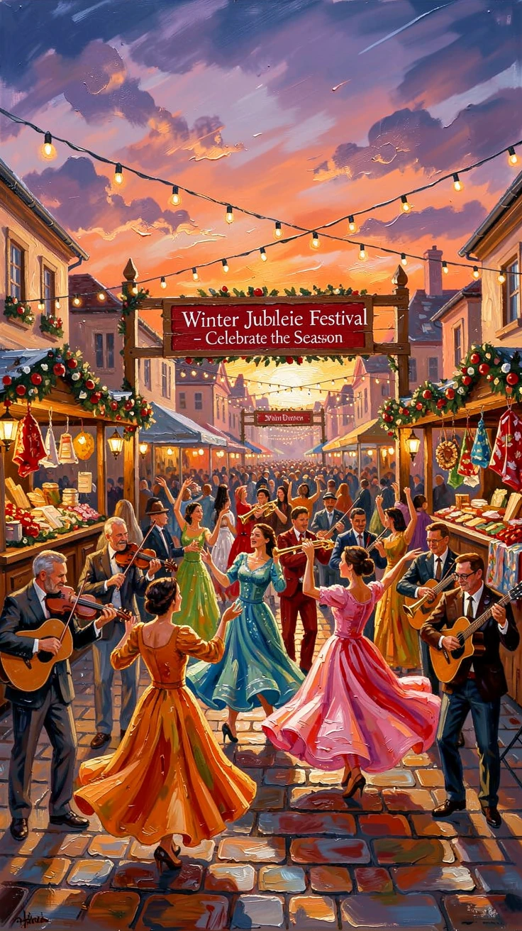 In a plaza crowded with musicians and dancers, a bustling holiday market strung with warm lights, crowds gathering to watch the display, as the sun sets behind the festival grounds.