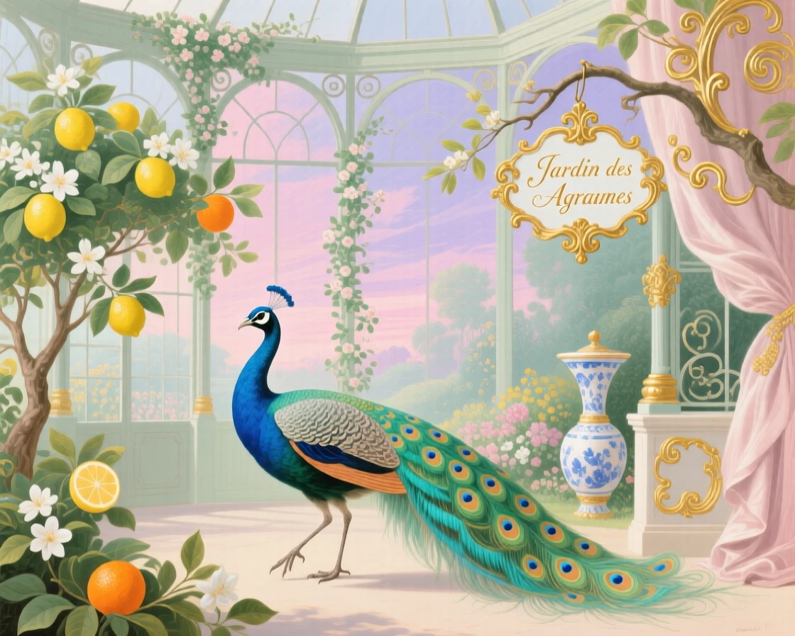 A peacock wandering through a conservatory filled with citrus trees  
