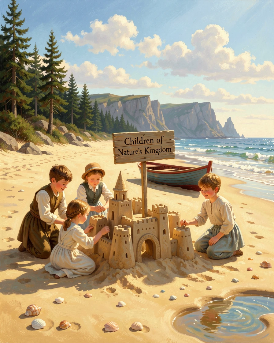 Children build a sandcastle together on a sunny beach.
