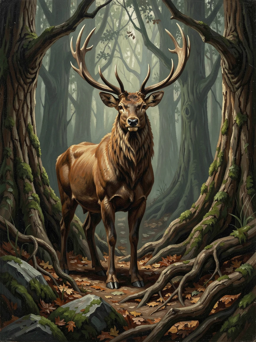 A great horned stag guarding the entrance to an ancient enchanted forest, with dramatic, cinematic lighting enhancing the sense of wonder, creating a scene that feels both magical and entirely believable
