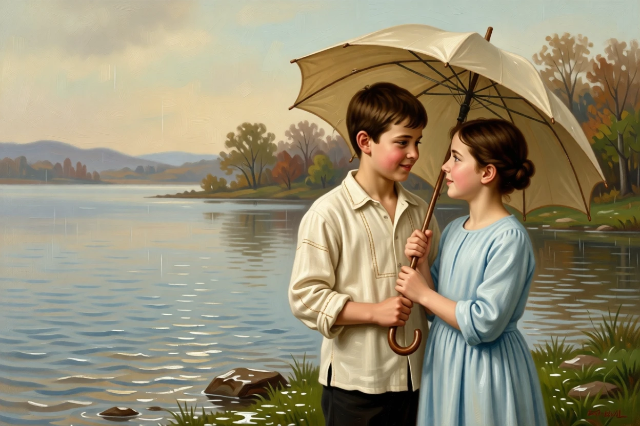 Two young siblings sharing an umbrella in a sudden spring shower as laughter and love fill an otherwise ordinary afternoon, set beside a lakeshore glowing under a soft evening sky, with small, telling gestures like a held hand or a shared glance; the arrangement of figures suggests closeness without crowding, evoking pure, unguarded tenderness and love.