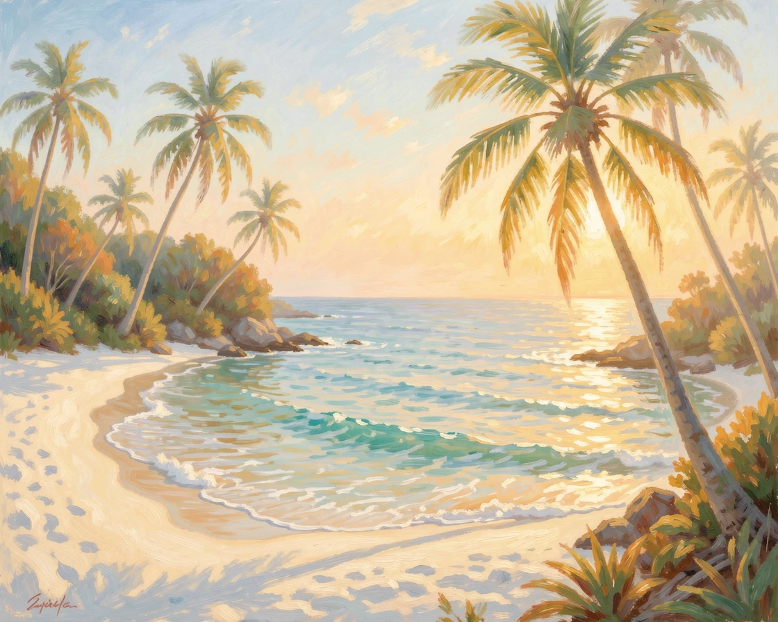 A quiet cove with turquoise water lapping against white sand, palm trees leaning gently in the breeze, at golden sunrise.