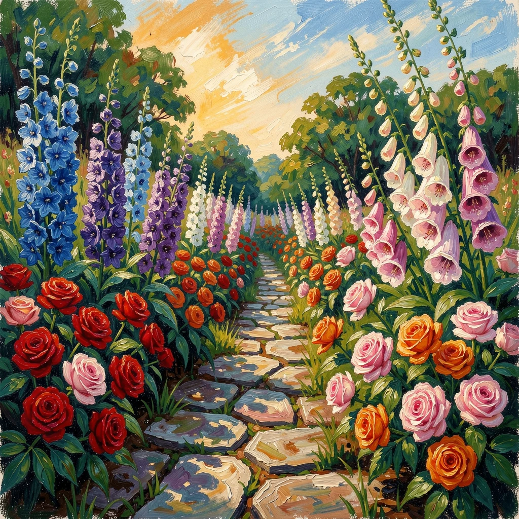 A cottage garden overflowing with roses, delphiniums, and foxgloves along a winding stone path.