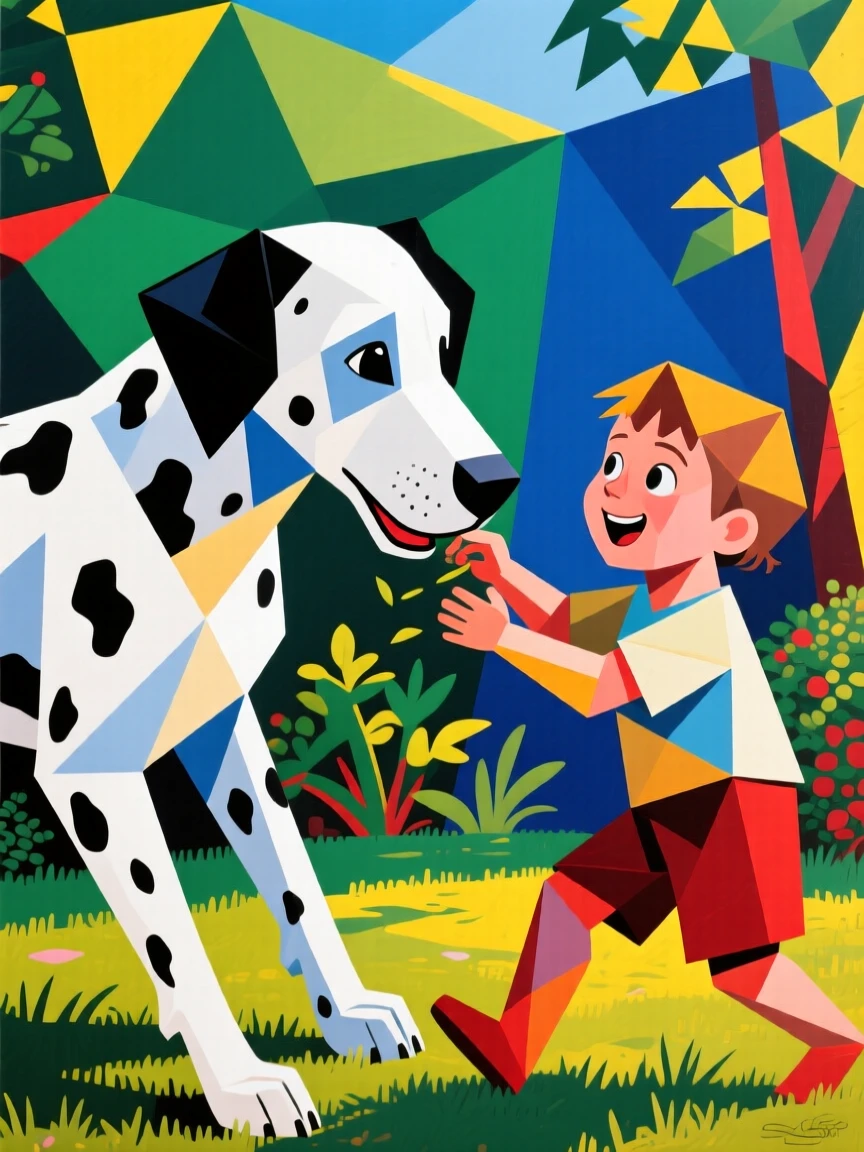 A charming close-up of a spotted dalmatian playing with a child in a garden on a bright afternoon.