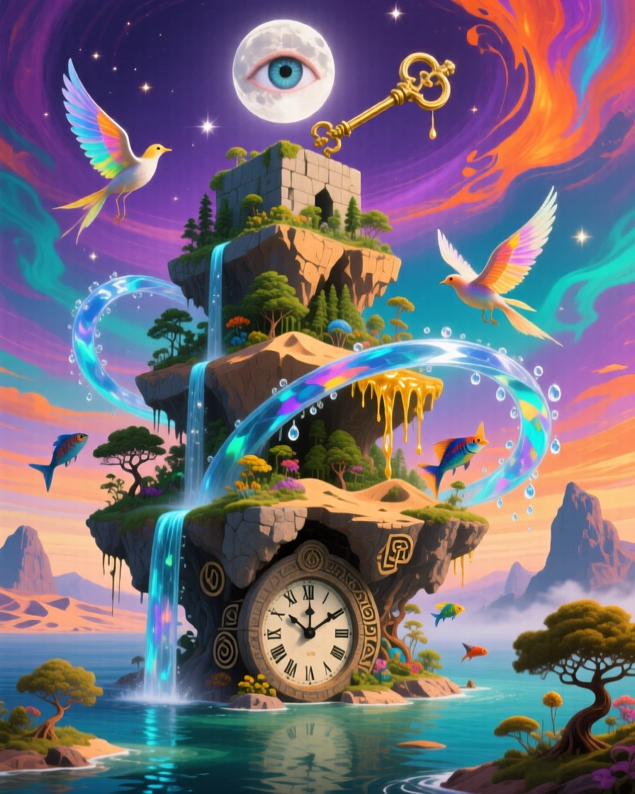 An archipelago of islands stacked one atop another like blocks floats free of any visible ground below, while streams of water arc upward instead of down.
