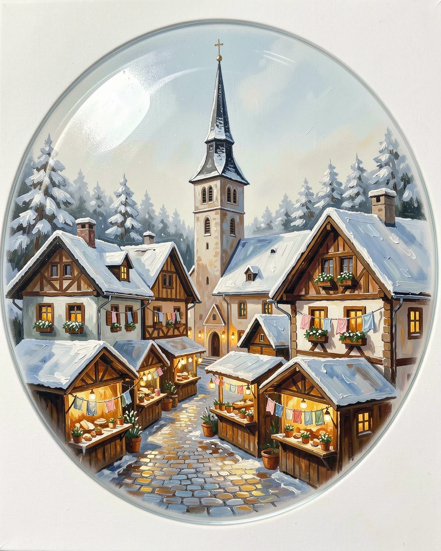 A snow-globe-like village in Bavaria shows a church steeple rising above snow-capped rooftops, market stalls glowing warmly in the town square, small everyday details, like drying laundry or potted plants, giving the scene a lived-in warmth.