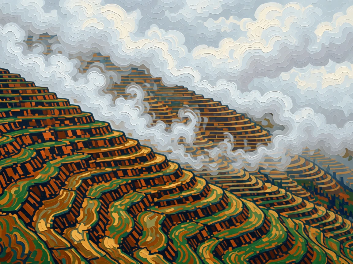 The Andes' terraced slopes disappearing into thick morning cloud