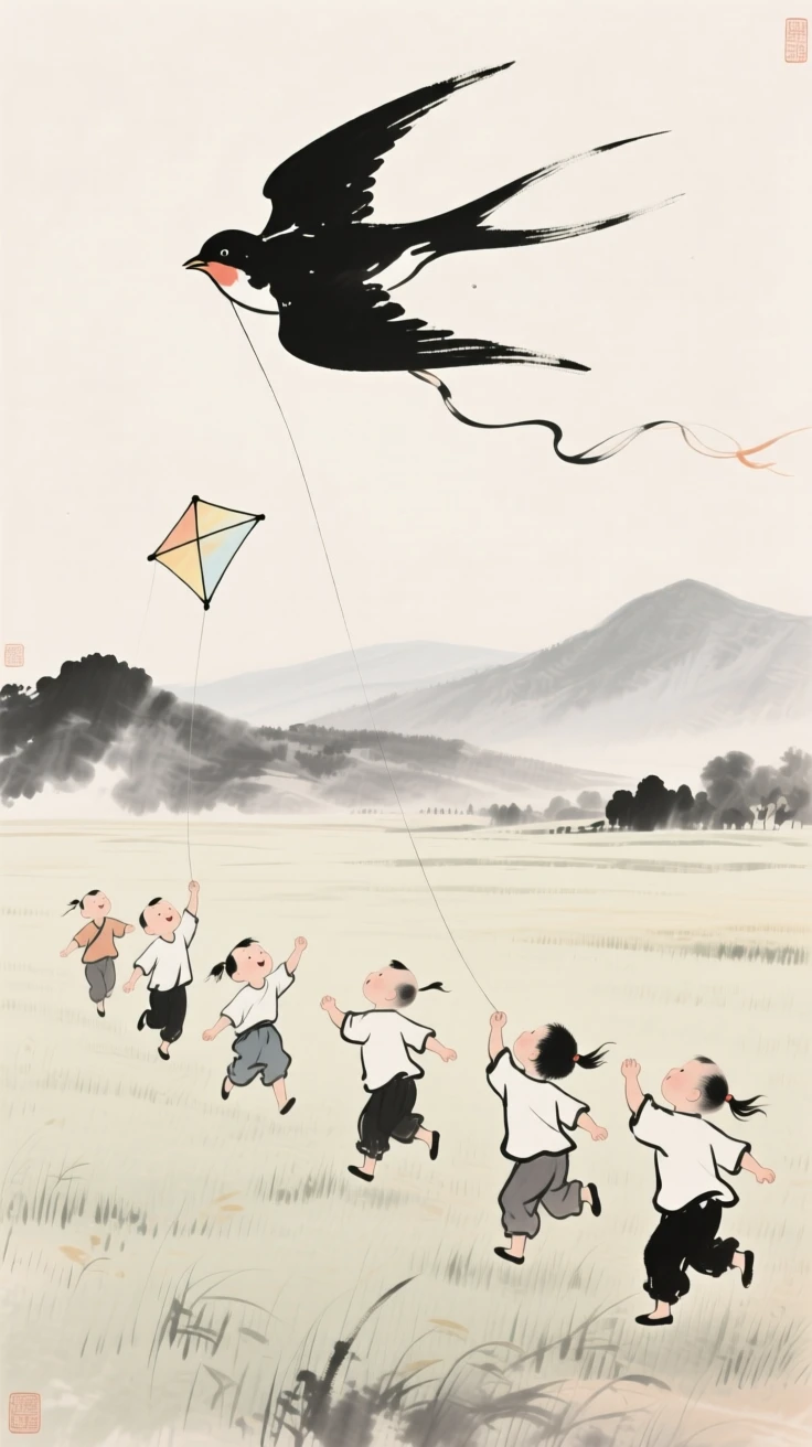 A group of children fly a kite shaped like a swallow above an open field, with distant mountains softened by afternoon light.