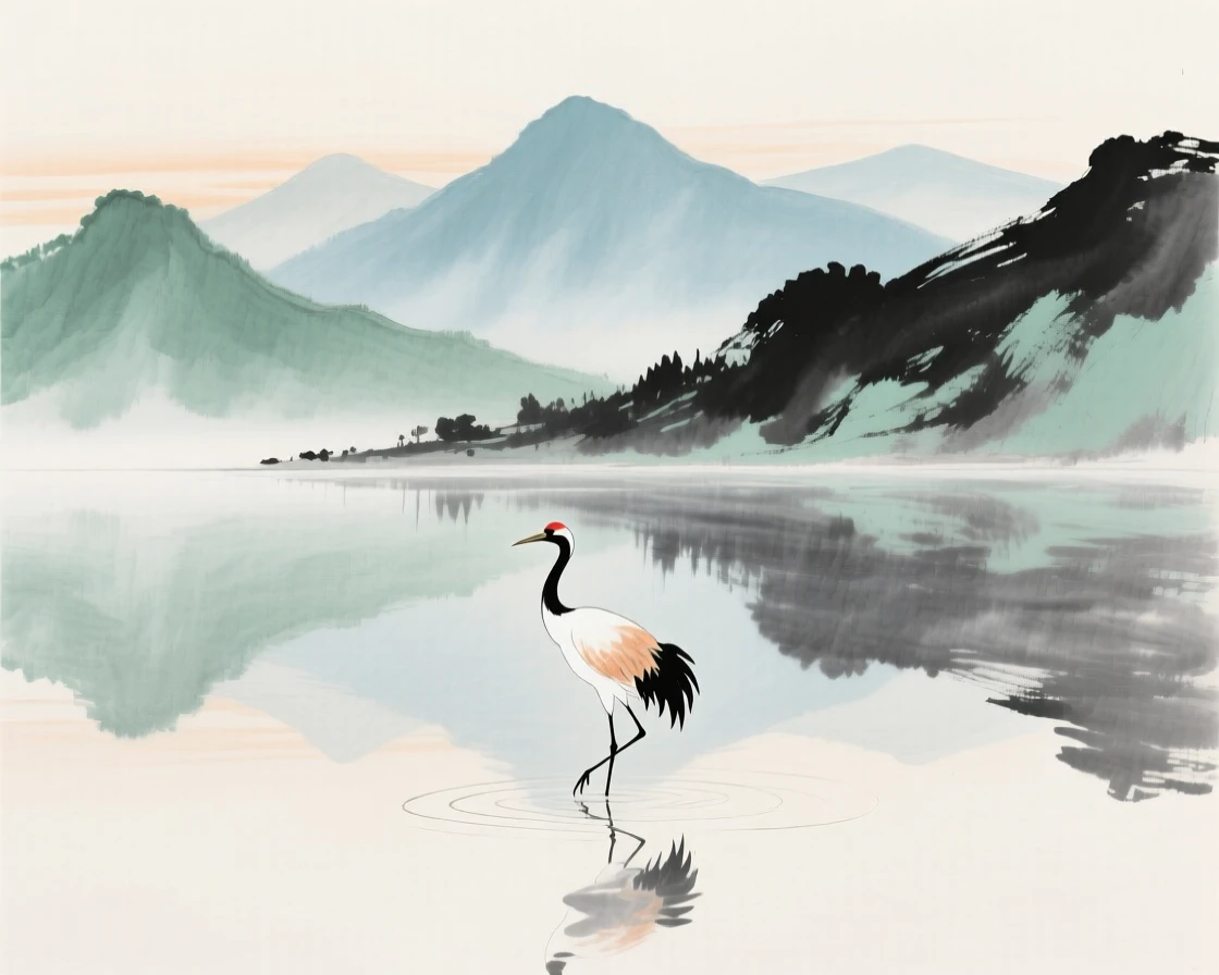 A still mountain lake reflecting distant peaks, with a solitary crane standing motionless in the shallows, suffused with quiet joy.