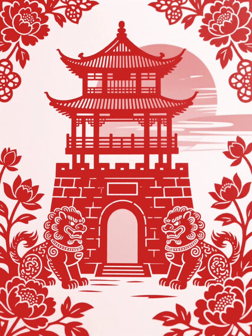A watchtower, in the golden hush of a summer evening, stone lions standing watch at its entrance.