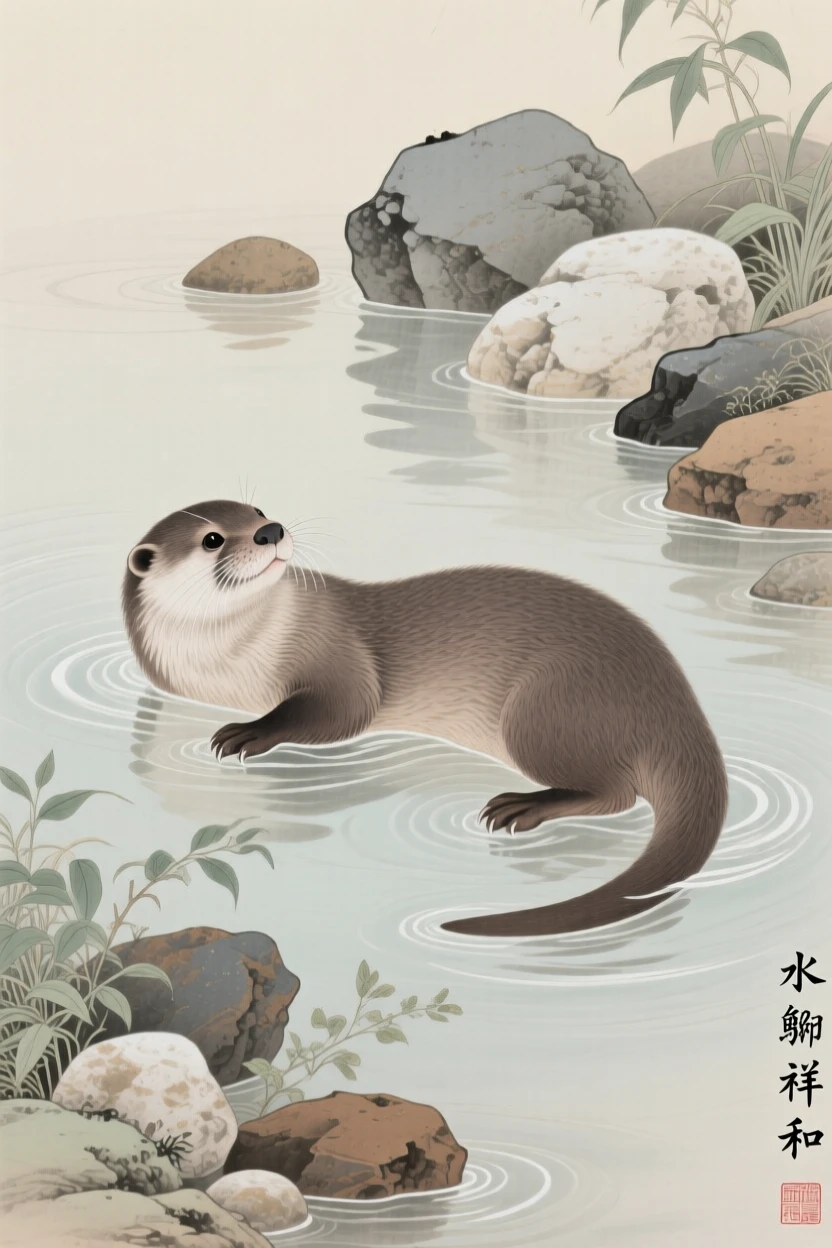 An otter floating on its back in a calm river near a cluster of smooth river stones