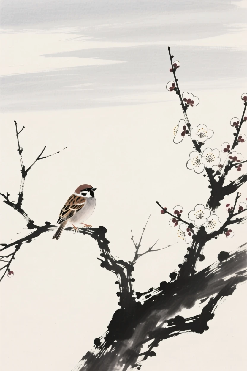 A sparrow perched on a bare winter branch beside a blooming plum tree, framed against a wide expanse of open sky, evoking grace, freedom, and quiet elegance.