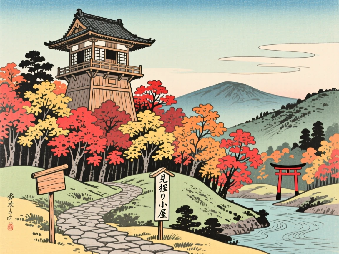 An ancient city watchtower rising above a forest of autumn maples.