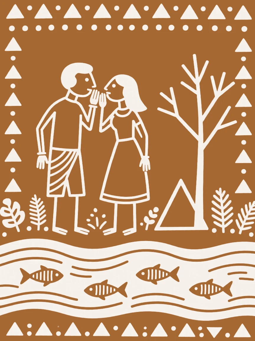 A devoted husband and wife whispering to each other beside a flowing river.