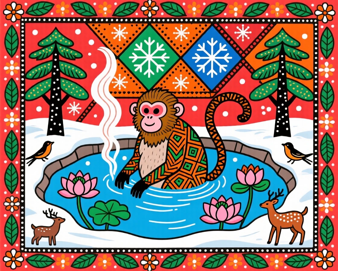 A snow monkey soaking in a steaming hot spring during winter.