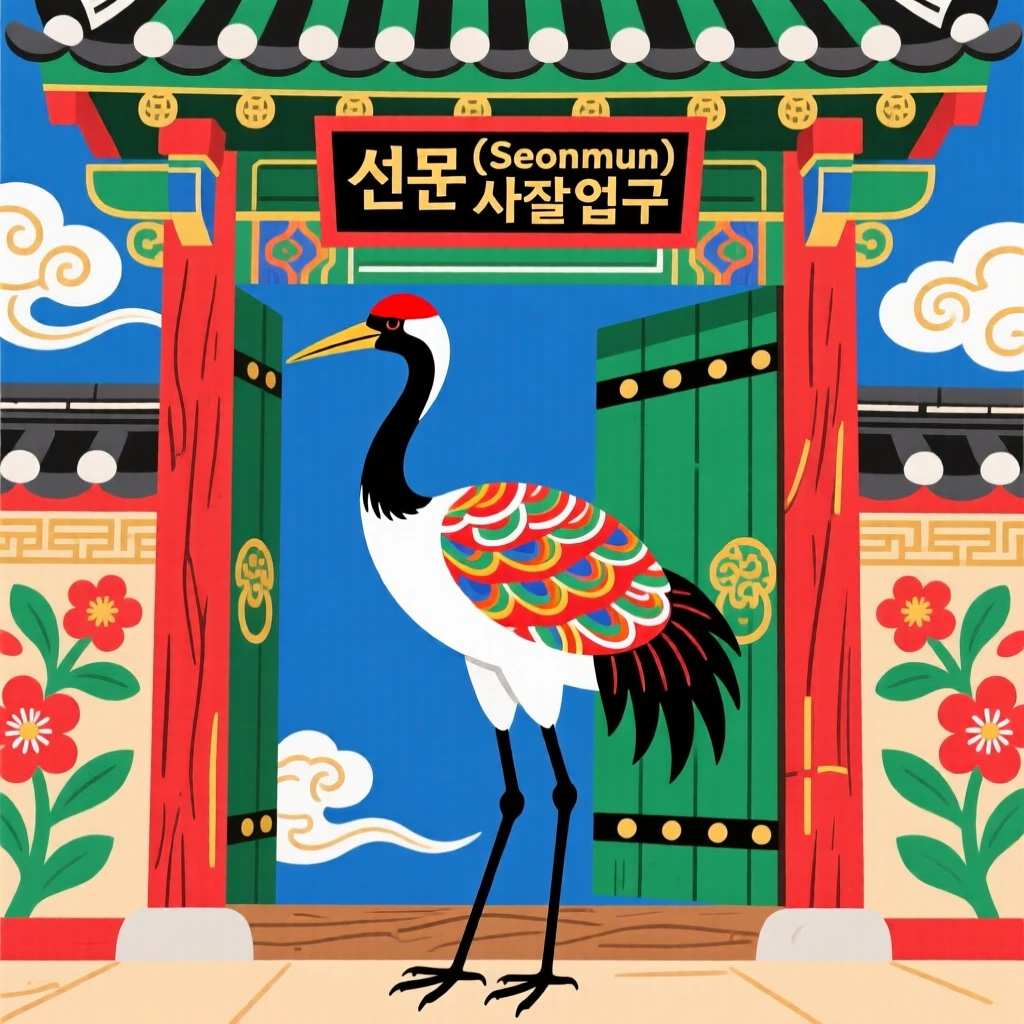 A powerful depiction of a red-crowned crane standing guard at a temple gate.