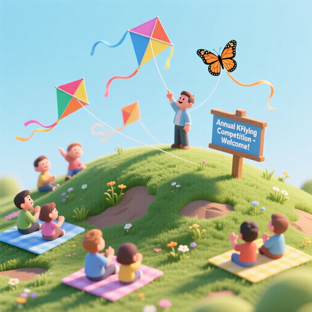 A kite flying competition on a windy hilltop, colorful kites dipping and soaring while spectators cheer from picnic blankets.