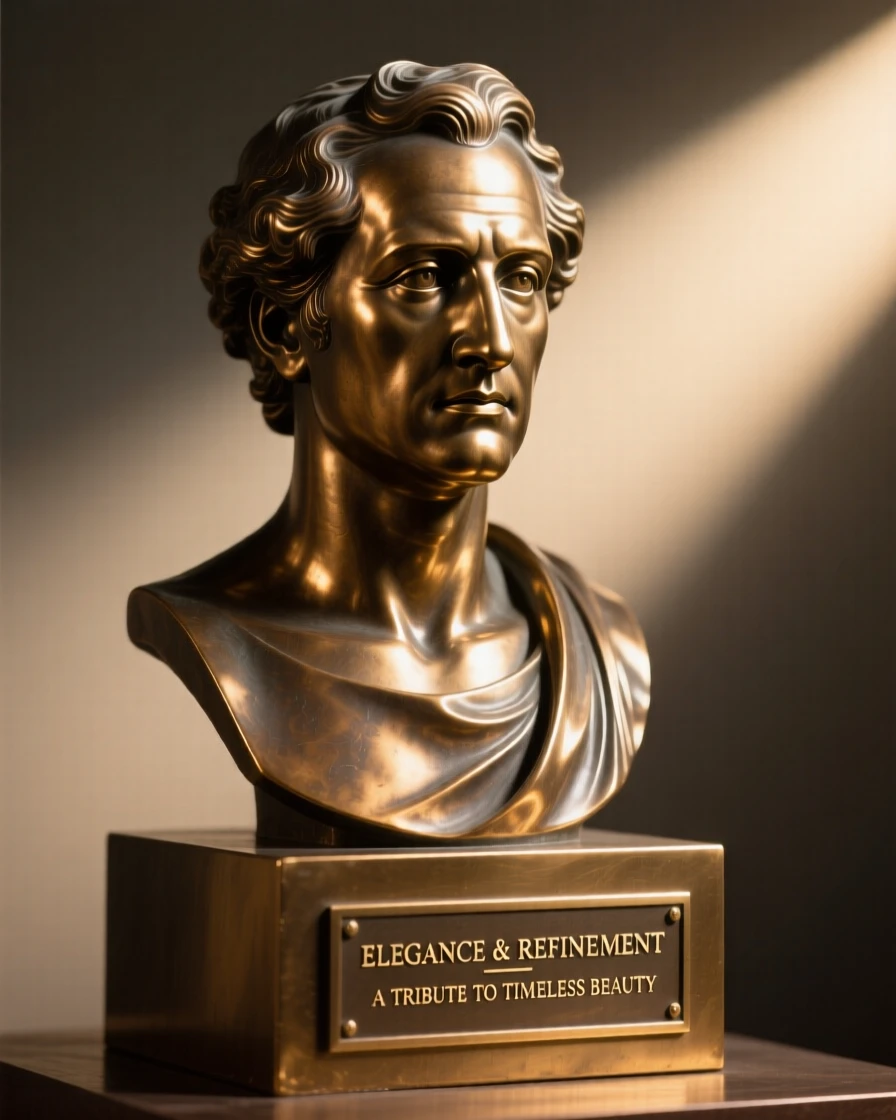 A carved marble bust illuminated by a single beam of light, rendered with exquisite, luminous detail, radiating elegance and refinement