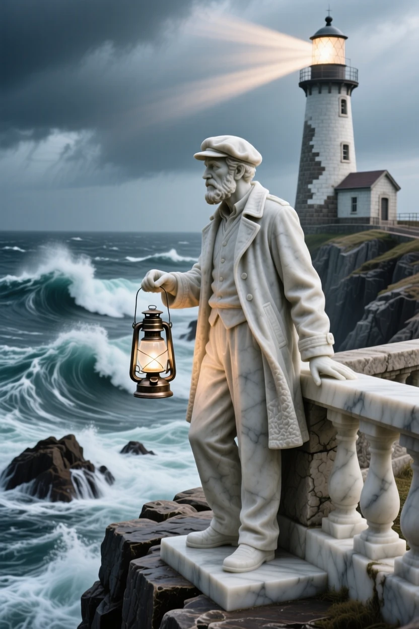 A vivid, emotionally rich scene of a lighthouse keeper watching over a stormy sea, surrounded by soft, glowing light, designed to captivate and inspire