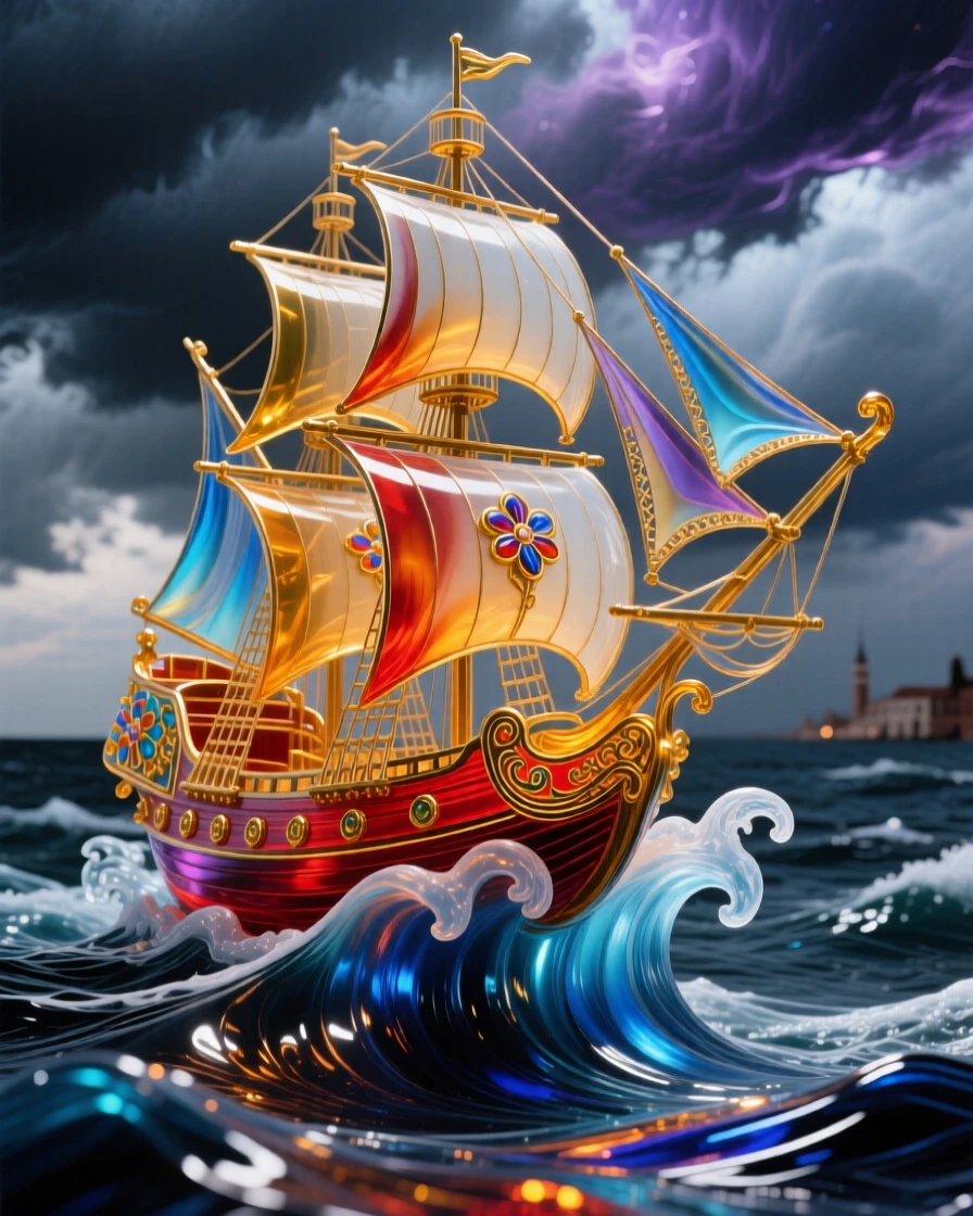 A grand sailing ship cresting a wave beneath a dramatic stormy sky, adventurous and powerful.