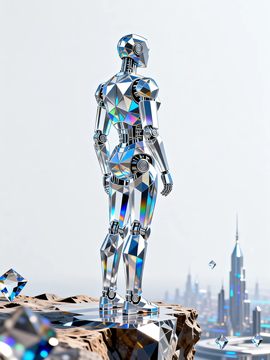 A humanoid robot standing at the edge of a cliff, gazing at a distant futuristic city.