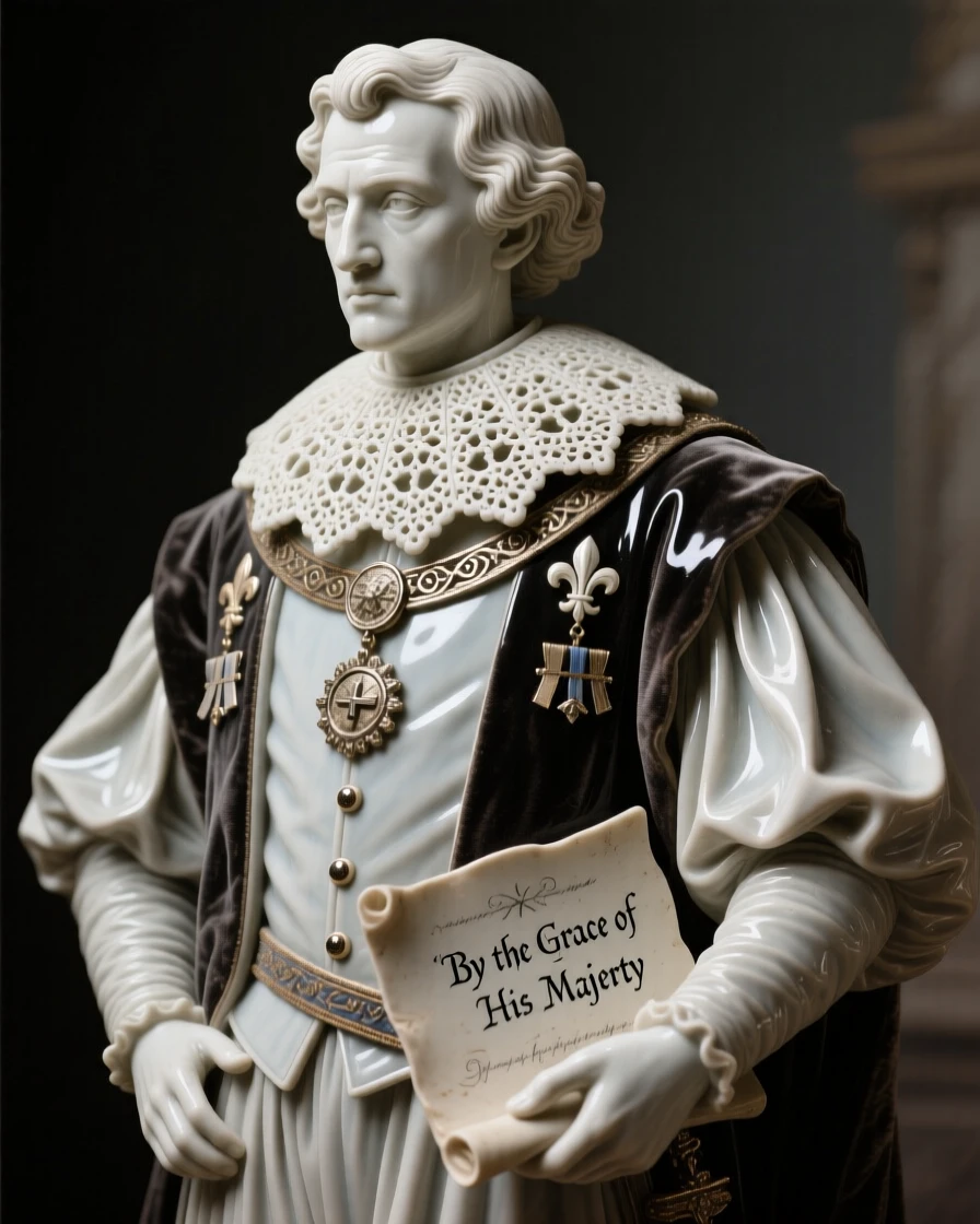 A Renaissance nobleman in an ornate collar captured mid-ceremony with solemn dignity, bearing markings of rank and honor, evoking reverence for ancient tradition.
