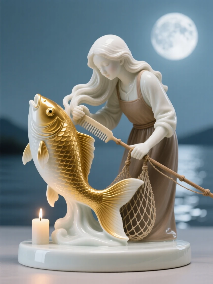 A storybook depiction of a fisherman who caught a golden fish combing her long hair by moonlight, softly lit as if illuminated by a single candle.