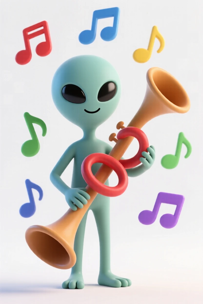 A friendly alien musician plays a strange looping instrument, colorful notes floating visibly into the air.