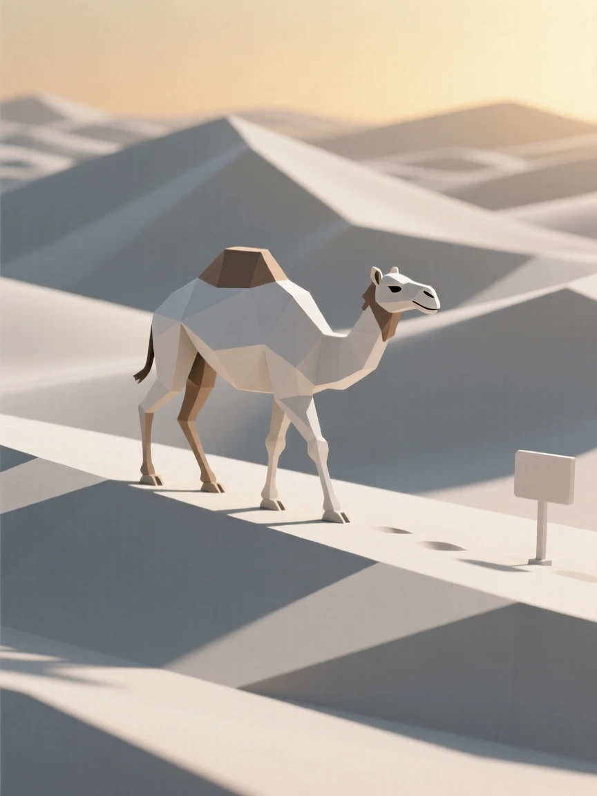 A camel walking across golden sand dunes, beneath a soft golden sunrise. the composition centers the subject with a shallow depth of field. The scene radiates quiet strength.