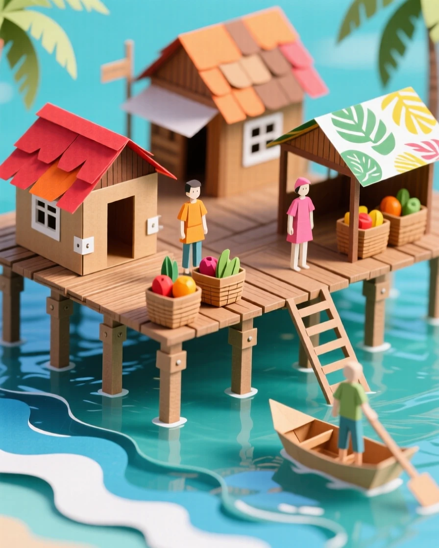 A tropical stilt village over clear water bustling with life at midday, with vibrant market stalls scattered about, evoking quiet, timeless beauty.