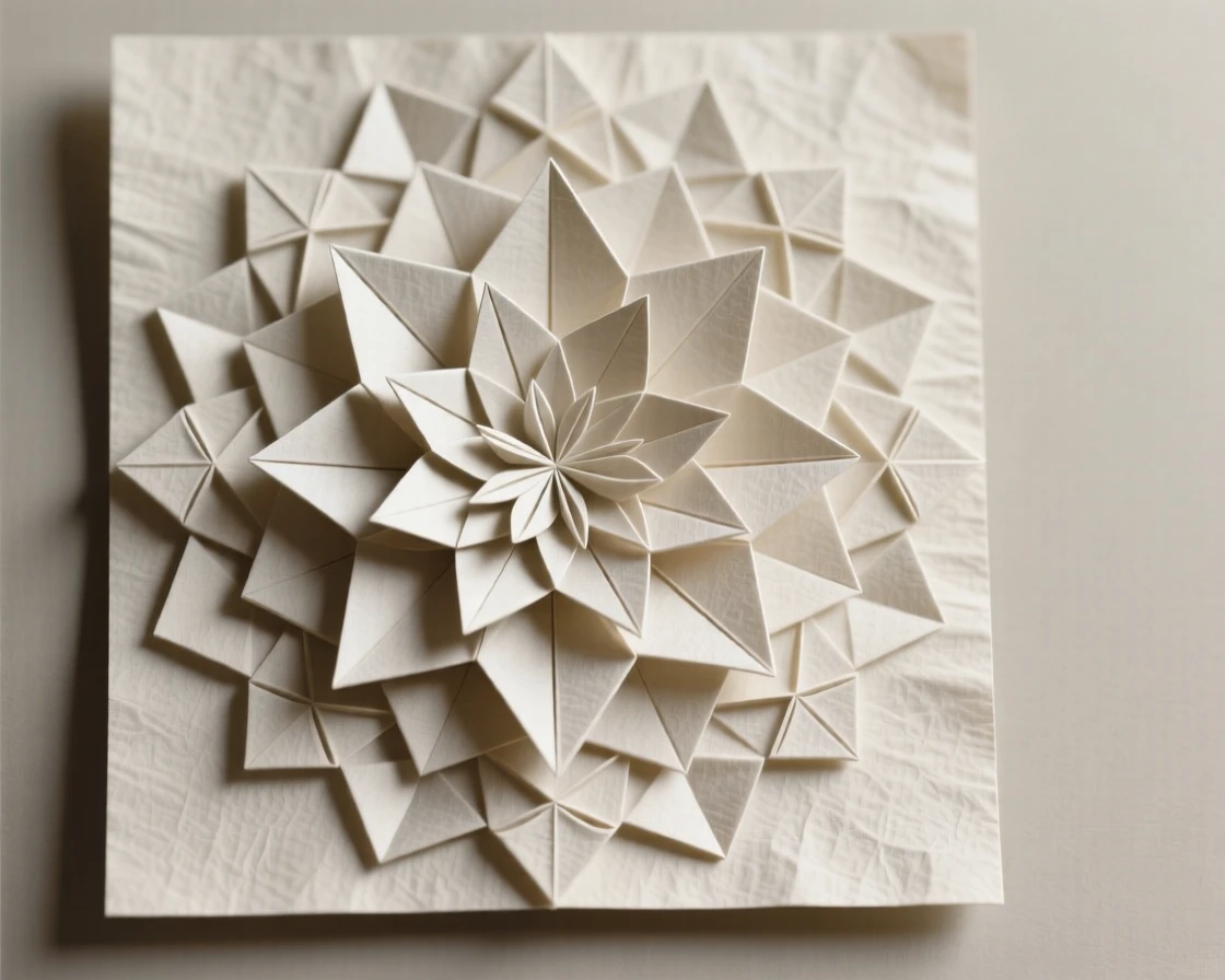 An ornate mandala design radiating outward from a central blossom, symmetrical and intricate.