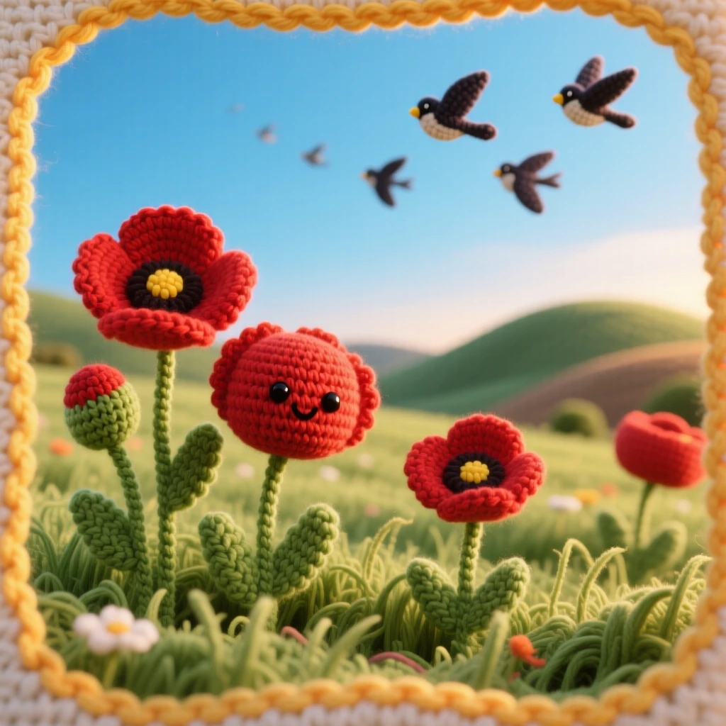 A tranquil view of a field of poppies swaying in the breeze, beneath a wide blue sky, stretching toward distant hills, beneath a wide open sky at golden hour, with a small flock of birds passing overhead, evoking a serene, storybook tranquility.