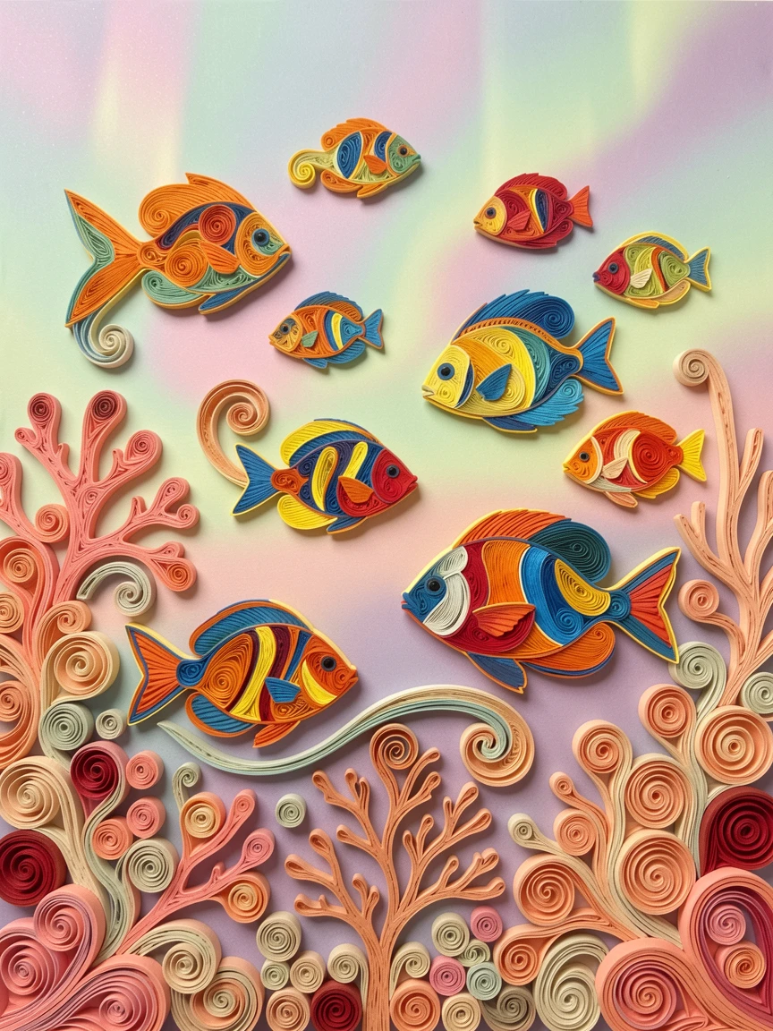 a school of tropical fish swirling around coral, beneath a sky shimmering with soft aurora colors, captured in a quiet, still, contemplative moment, with warm golden light rimming the fur or feathers.